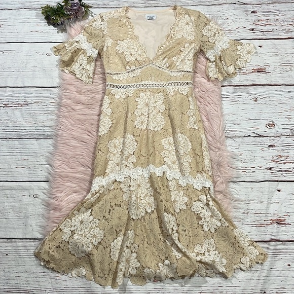Saylor Ivory Maggy Floral Lace V-Neck Sheath Midi Dress Womens - Picture 2 of 10